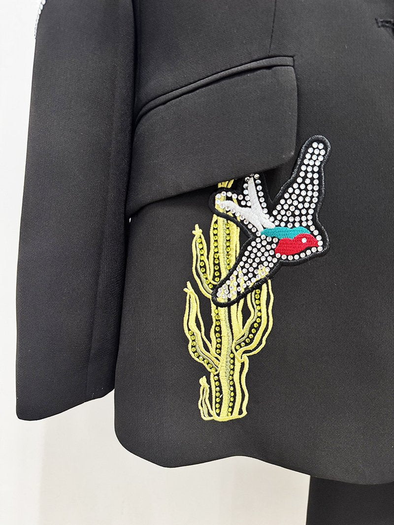 Embroidered Floral Black Tuxedo Suit H7041