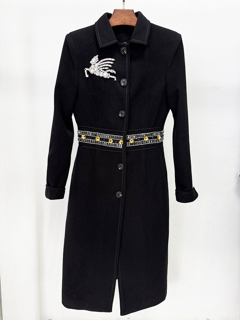 Embroidered Lapel Long Trench Coat H7046