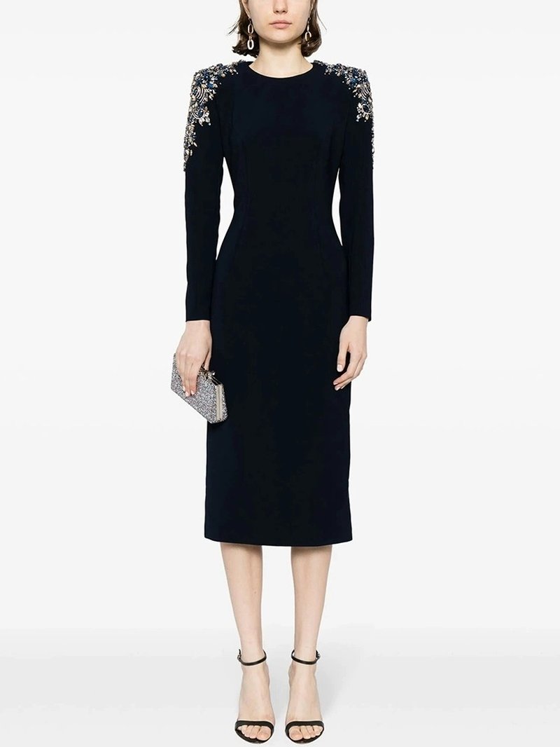 Embroidered Sleeve Black Midi Dress H6368