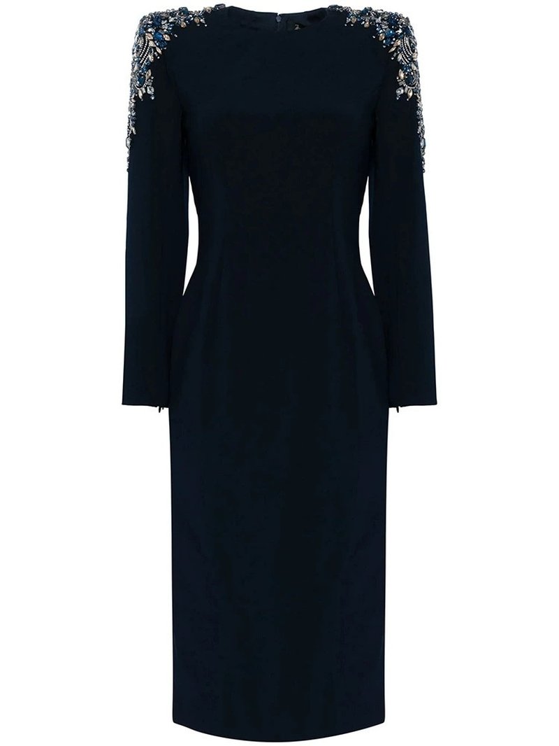 Embroidered Sleeve Black Midi Dress H6368