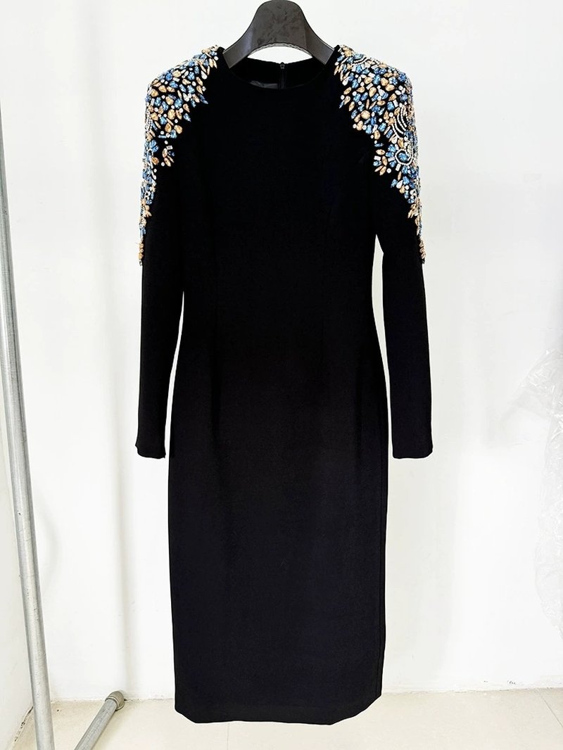 Embroidered Sleeve Black Midi Dress H6368