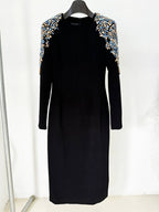 Embroidered Sleeve Black Midi Dress H6368