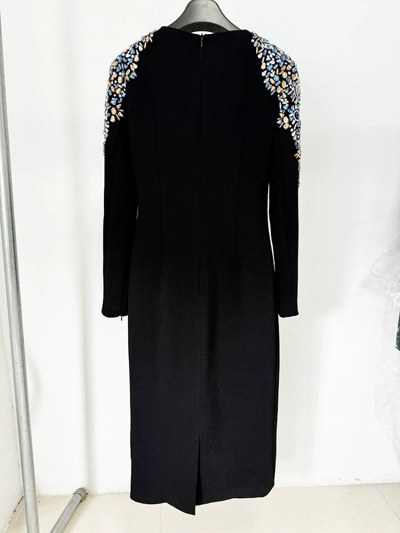 Embroidered Sleeve Black Midi Dress H6368