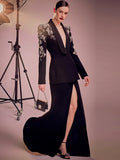 Embroidered Tuxedo Gown with High Slit H6365
