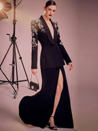 Embroidered Tuxedo Gown with High Slit H6365