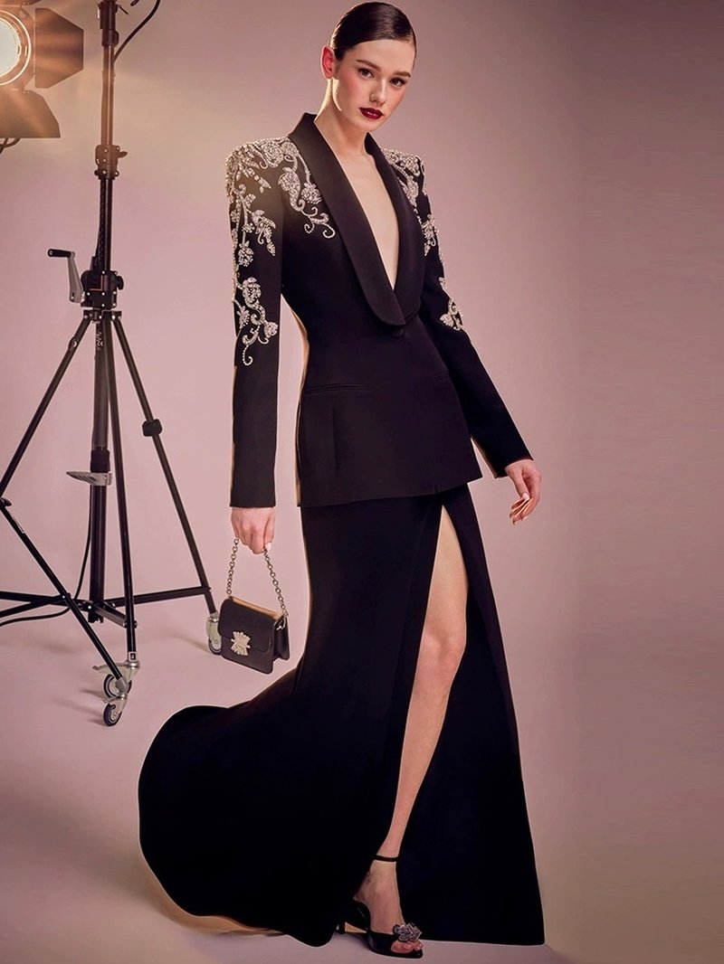 Embroidered Tuxedo Gown with High Slit H6365