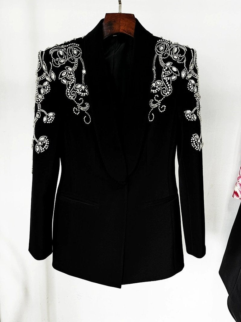 Embroidered Tuxedo Gown with High Slit H6365
