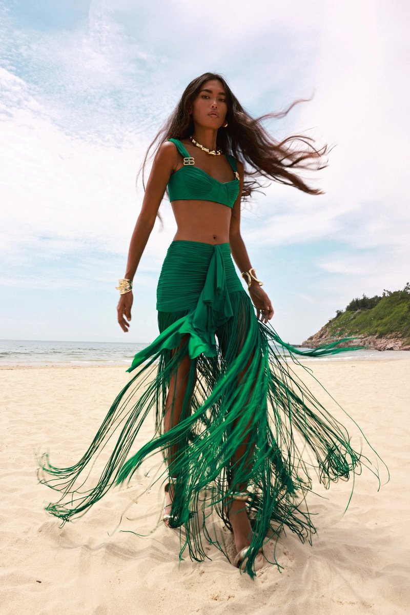 Emerald Fringe Wrap Skirt Set H6898