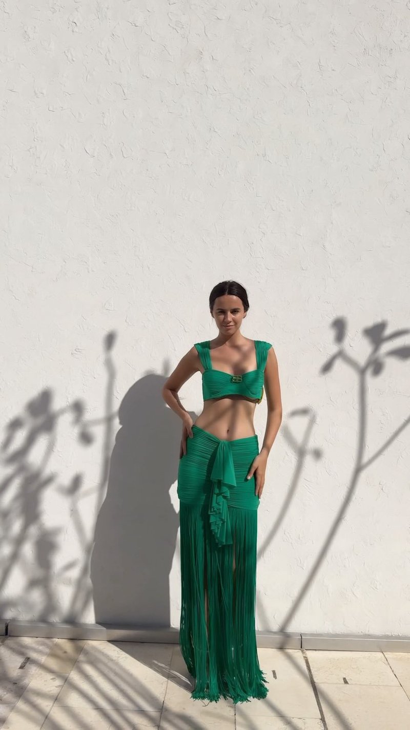 Emerald Fringe Wrap Skirt Set H6898