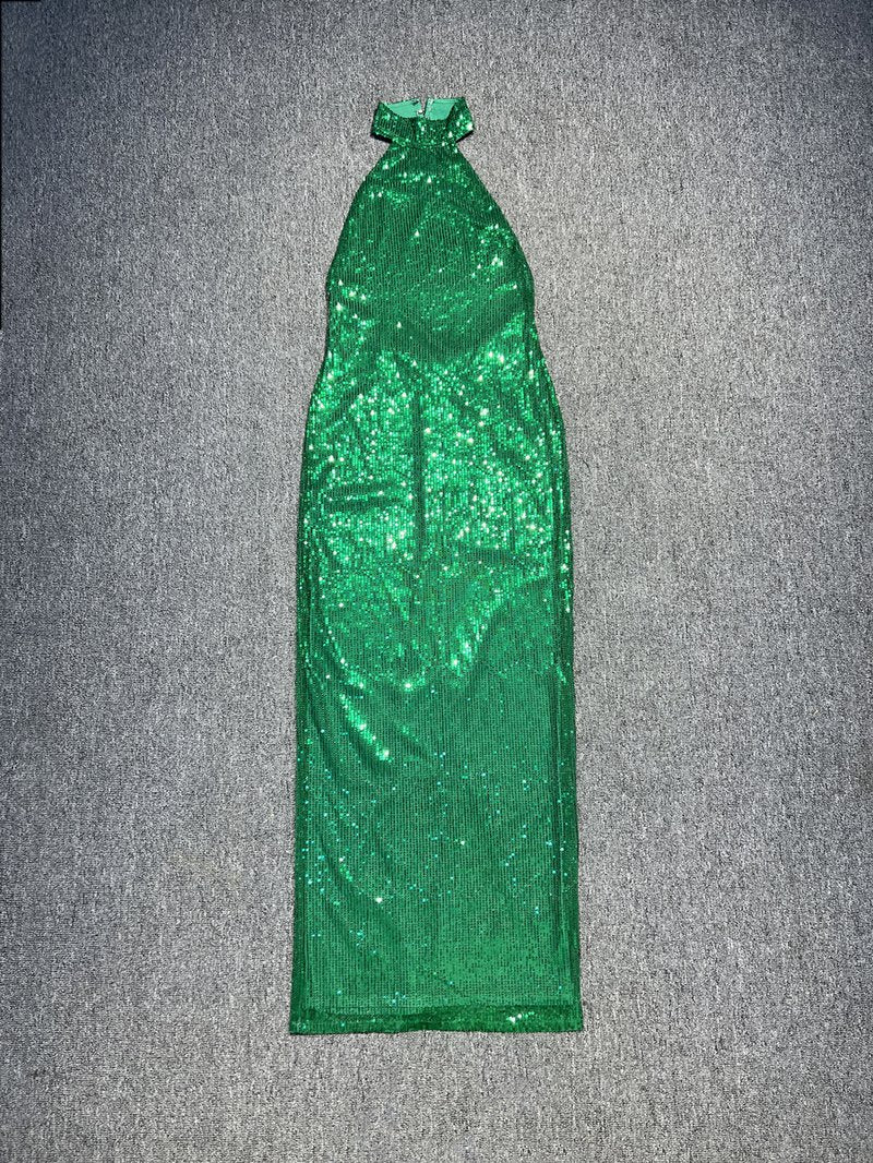 Emerald Sequin Halter Maxi Dress H5819