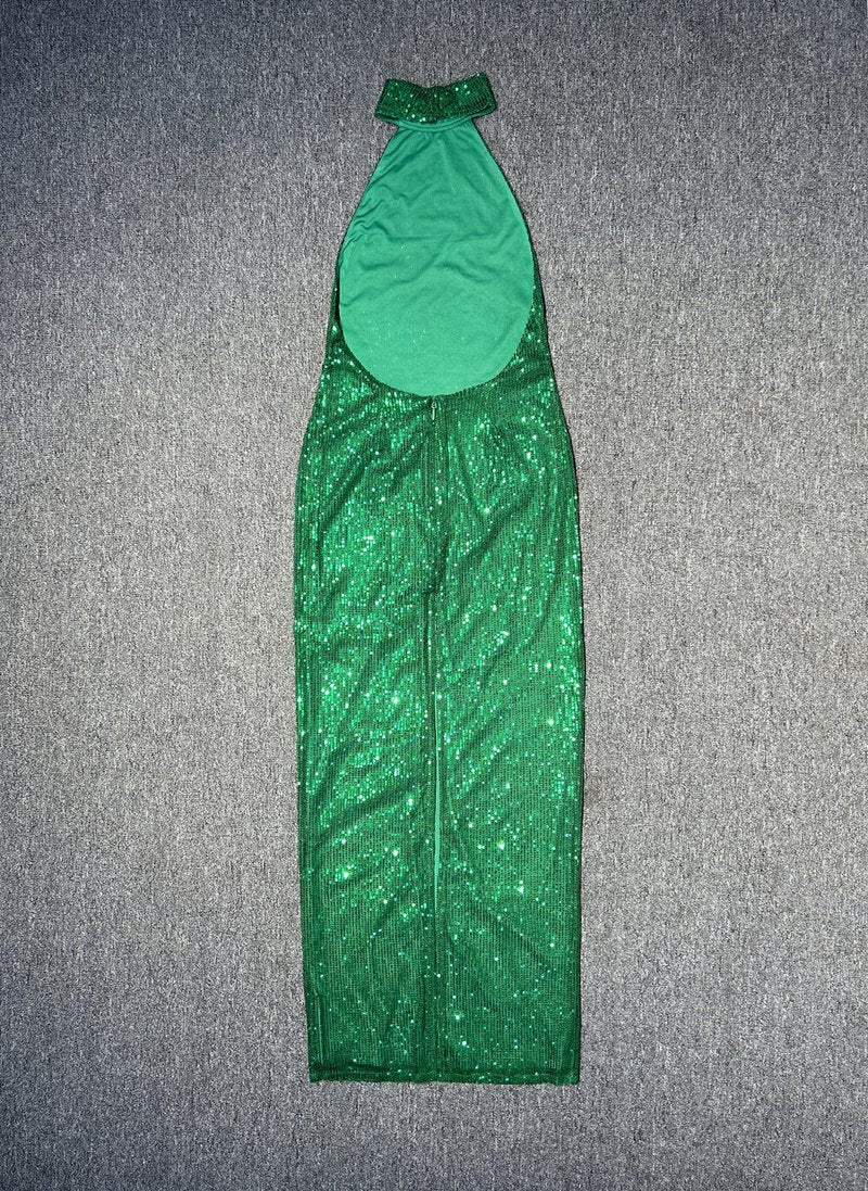 Emerald Sequin Halter Maxi Dress H5819