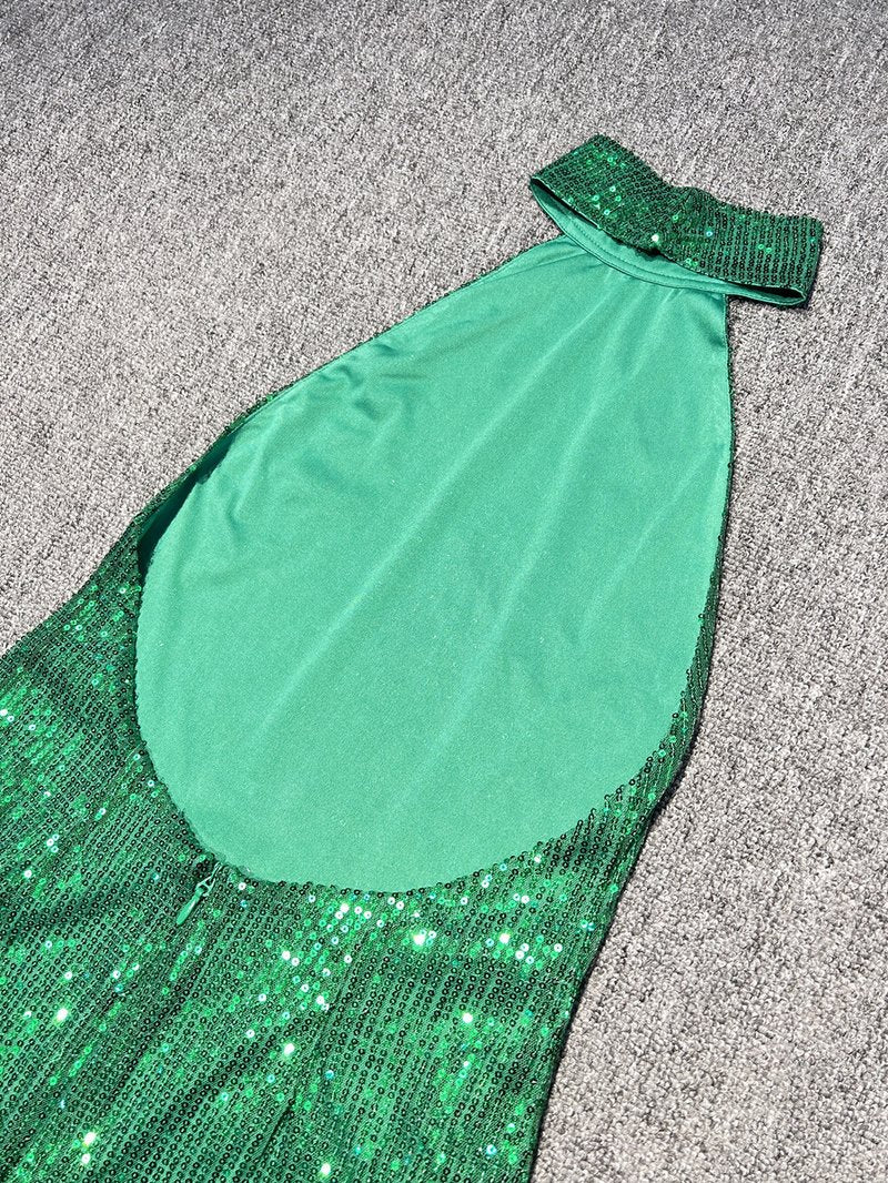 Emerald Sequin Halter Maxi Dress H5819