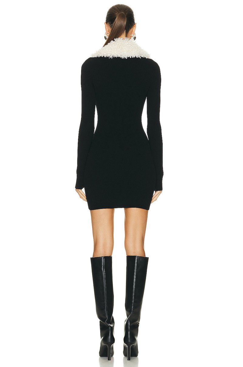 Faux Fur Collar Ribbed Mini Dress H6133