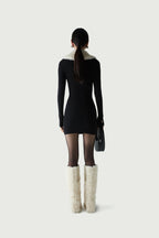 Faux Fur Collar Ribbed Mini Dress H6133