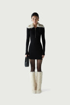 Faux Fur Collar Ribbed Mini Dress H6133