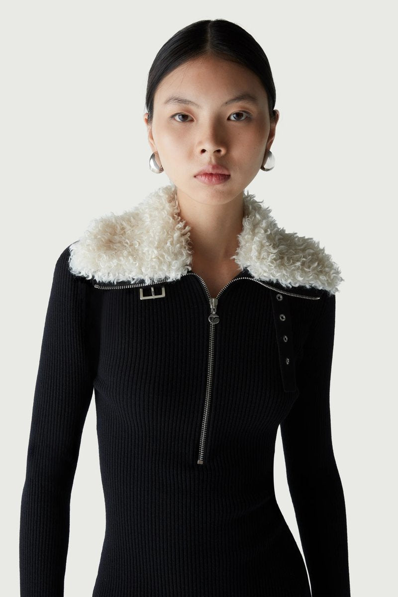 Faux Fur Collar Ribbed Mini Dress H6133