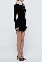 Faux Fur Collar Ribbed Mini Dress H6133
