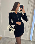 Faux Fur Collar Ribbed Mini Dress H6133