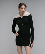 Faux Fur Collar Ribbed Mini Dress H6133