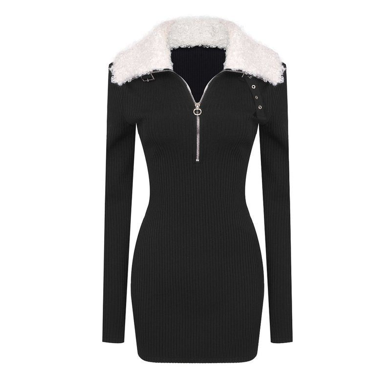 Faux Fur Collar Ribbed Mini Dress H6133