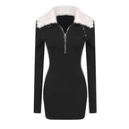 Faux Fur Collar Ribbed Mini Dress H6133