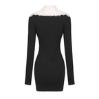 Faux Fur Collar Ribbed Mini Dress H6133