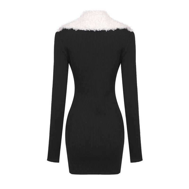 Faux Fur Collar Ribbed Mini Dress H6133