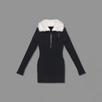 Faux Fur Collar Ribbed Mini Dress H6133