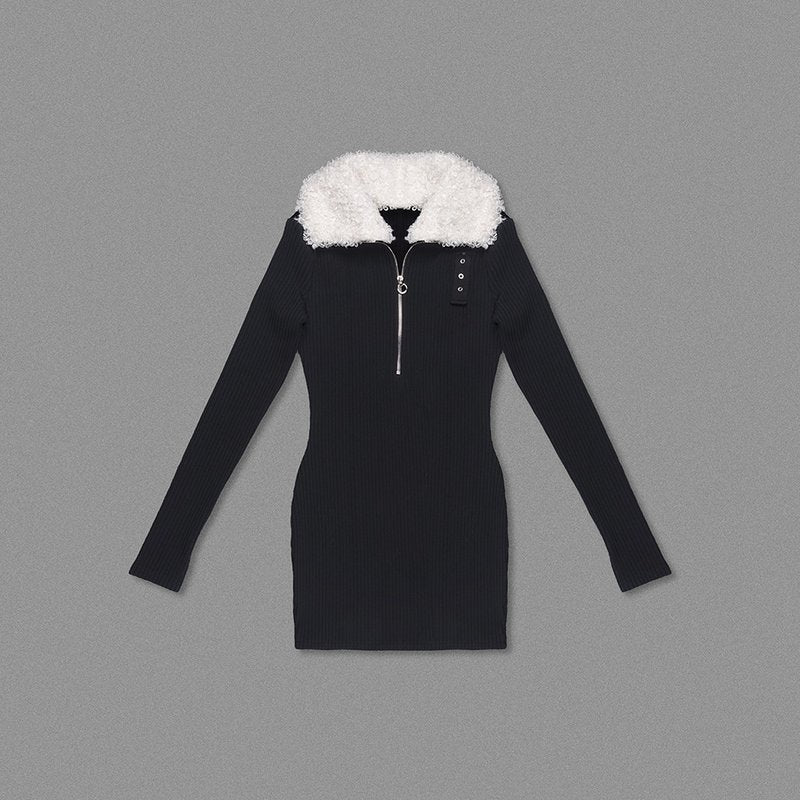 Faux Fur Collar Ribbed Mini Dress H6133