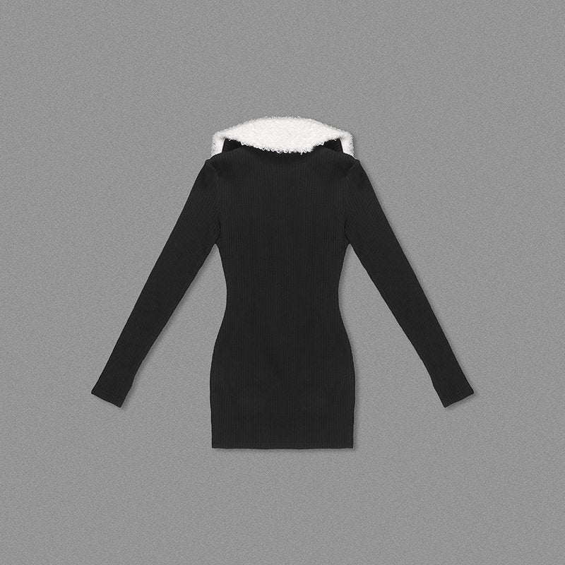 Faux Fur Collar Ribbed Mini Dress H6133