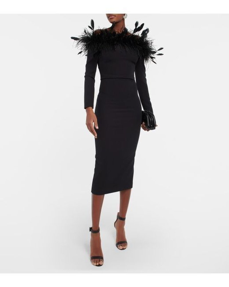 Feather Collar Long Sleeve Midi Dress H5914