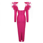 Feather Collar Long Sleeve Midi Dress H5914