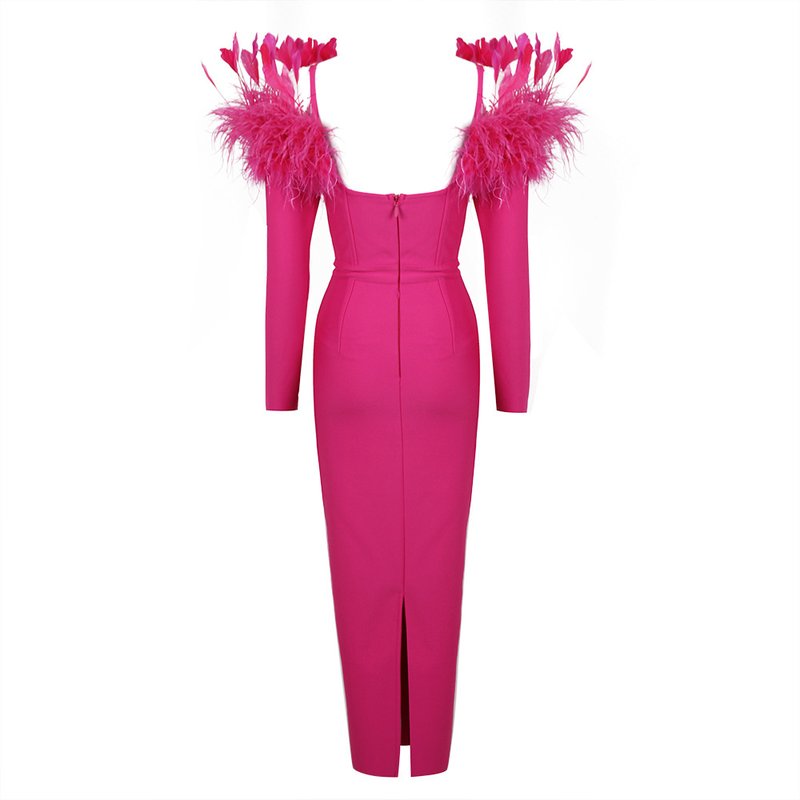 Feather Collar Long Sleeve Midi Dress H5914