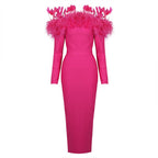 Feather Collar Long Sleeve Midi Dress H5914
