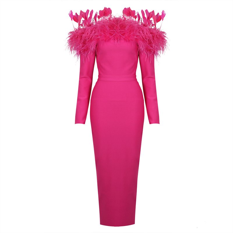 Feather Collar Long Sleeve Midi Dress H5914