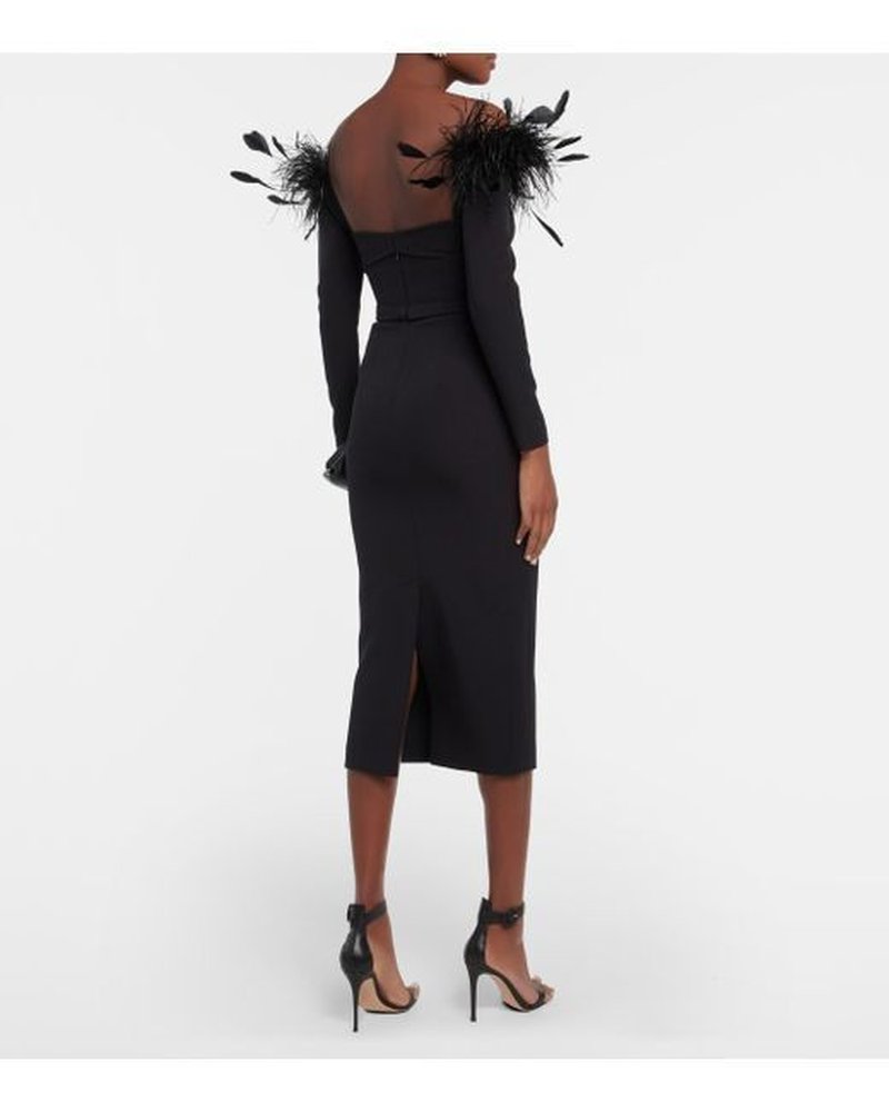 Feather Collar Long Sleeve Midi Dress H5914