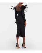 Feather Collar Long Sleeve Midi Dress H5914