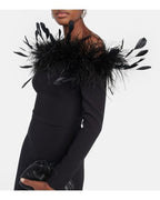 Feather Collar Long Sleeve Midi Dress H5914