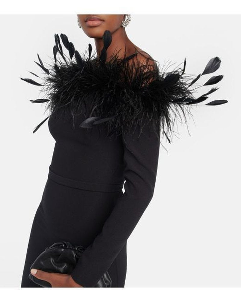 Feather Collar Long Sleeve Midi Dress H5914