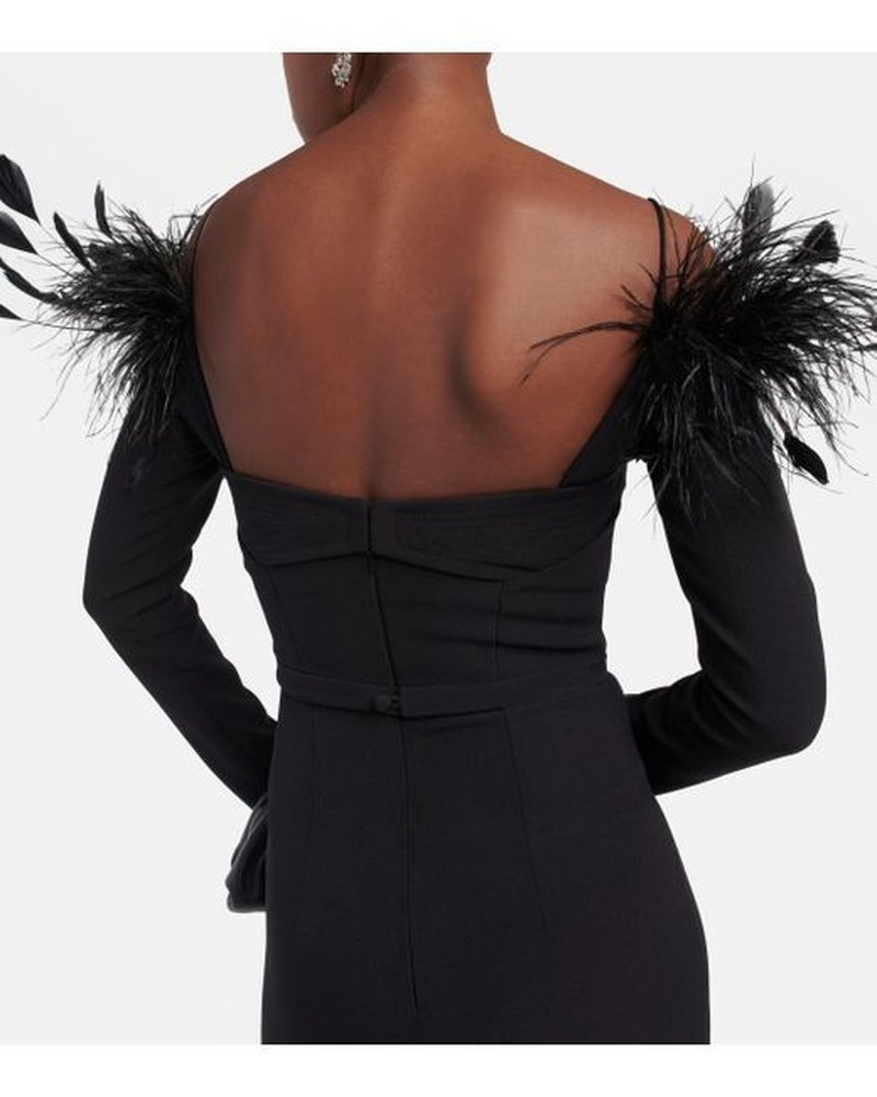 Feather Collar Long Sleeve Midi Dress H5914