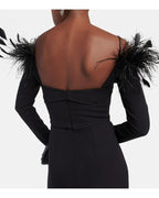 Feather Collar Long Sleeve Midi Dress H5914
