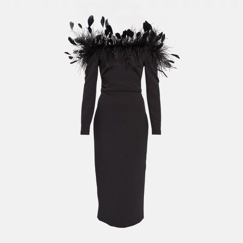 Feather Collar Long Sleeve Midi Dress H5914