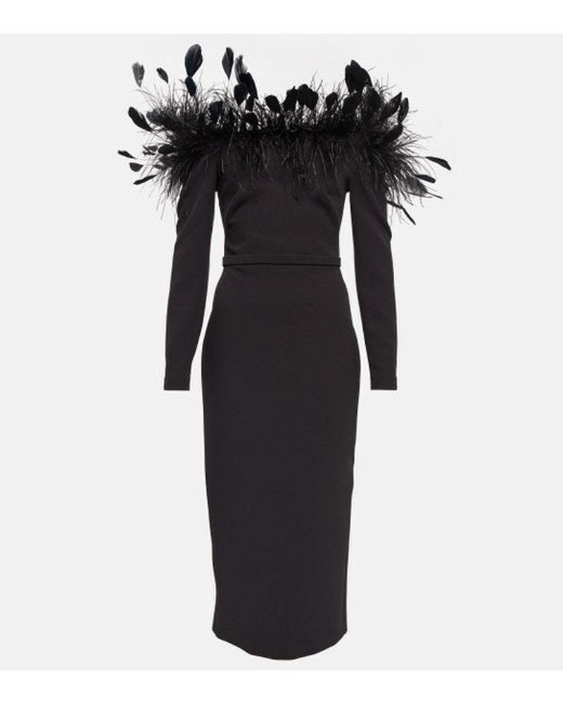 Feather Collar Long Sleeve Midi Dress H5914