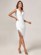 Feather Trim Asymmetrical White Dress H6038