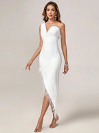 Feather Trim Asymmetrical White Dress H6038