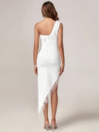 Feather Trim Asymmetrical White Dress H6038