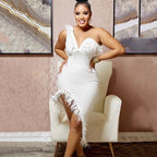 Feather Trim Asymmetrical White Dress H6038