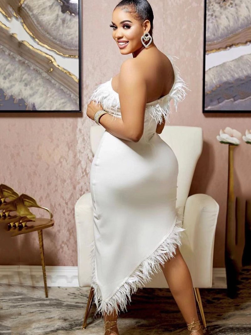 Feather Trim Asymmetrical White Dress H6038