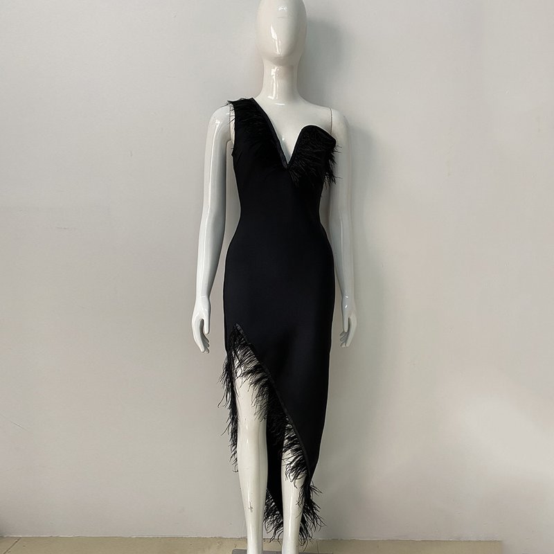 Feather Trim Asymmetrical White Dress H6038