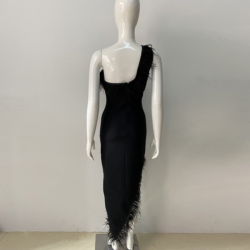 Feather Trim Asymmetrical White Dress H6038